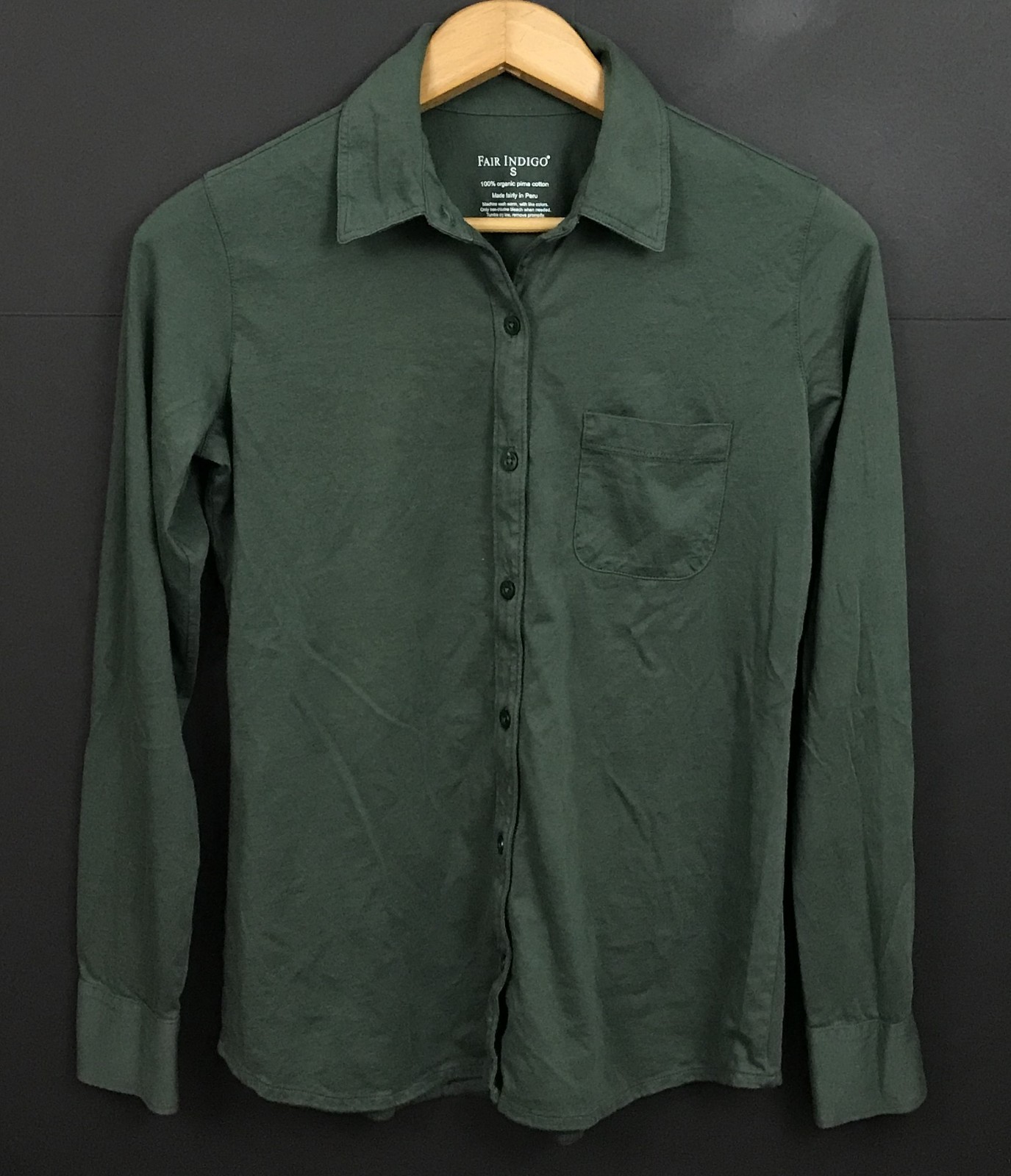 Fair Indigo Women’s 100% Organic Pima Cotton Knit Button Down Shirt Green Size S