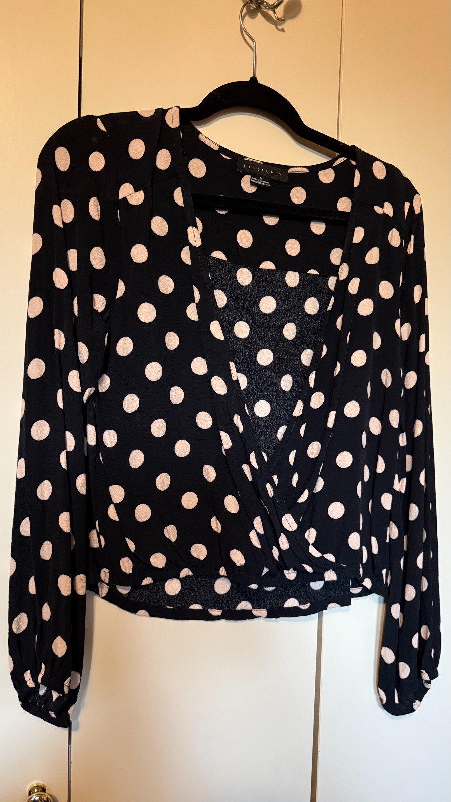 Sanctuary Black Pink Polka Dot Wrap Blouse Size S