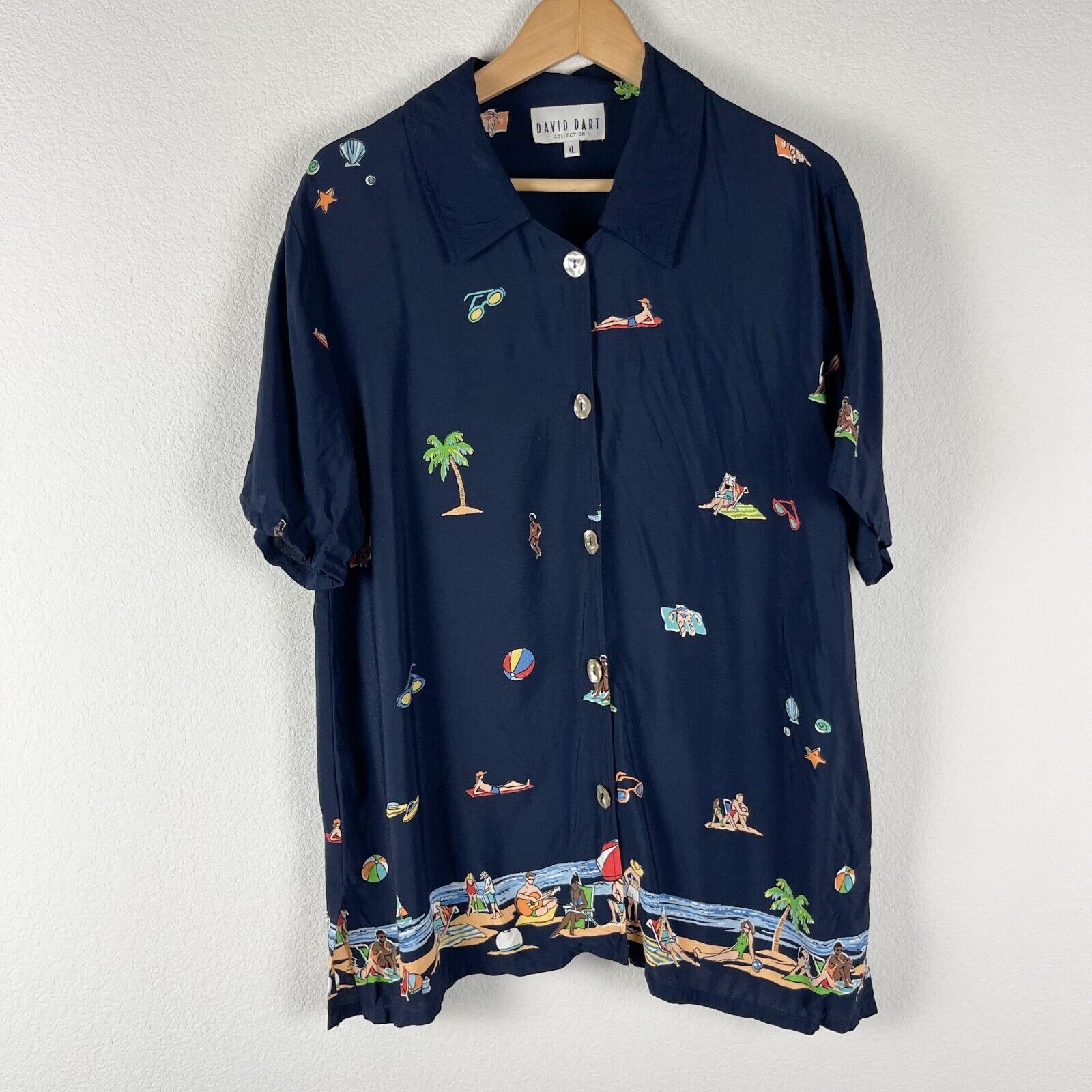 Vintage David Dart Tunic Top Womens XL Blue Short Sleeve Beach Tropical Aloha
