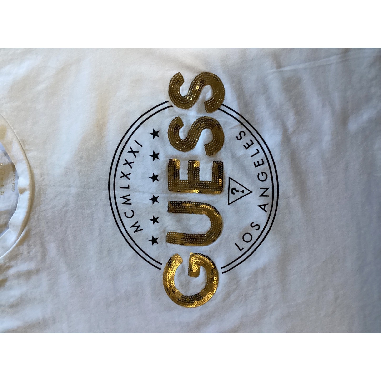 Guess Los Angeles Womens White Sequin Logo Graphic T-Shirt Varsity Stripe Large
