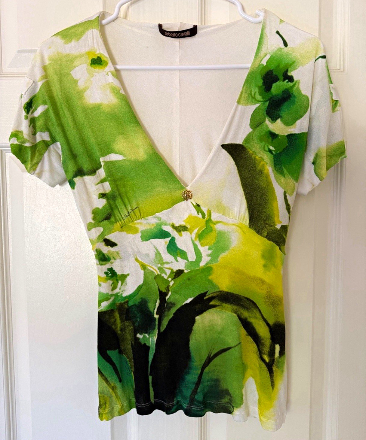 Roberto Cavalli Green Floral V-Neck Short Sleeve Jersey Stretch Top Size 40
