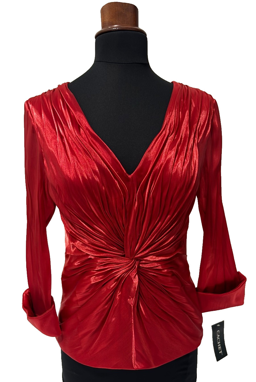 Cachet Women’s Bell Red Twist Front V-Neck Long Sleeve Blouse Sz S