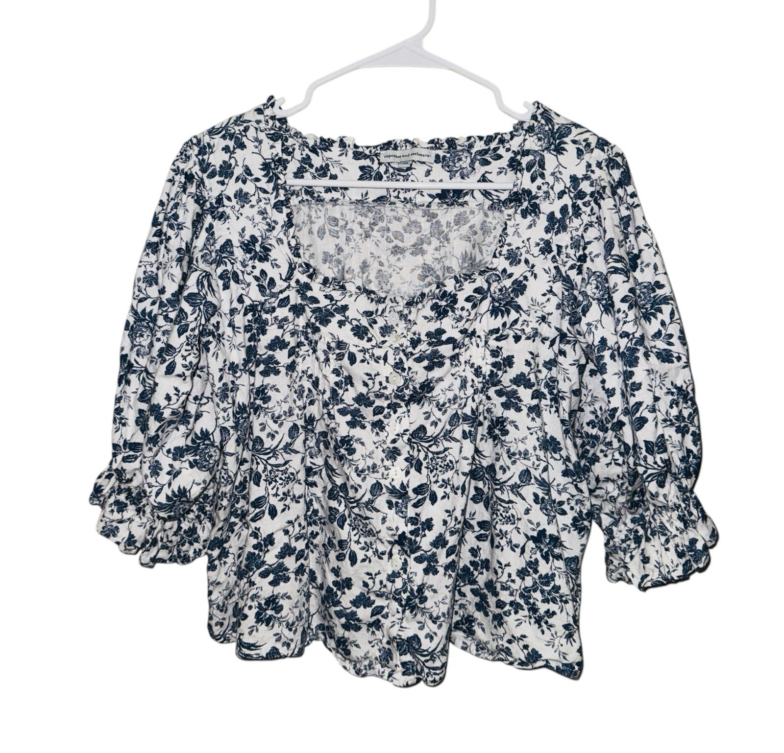 Cupcakes & Cashmere Linen Cottagecore Floral Square Neck Button Ruffle Blouse