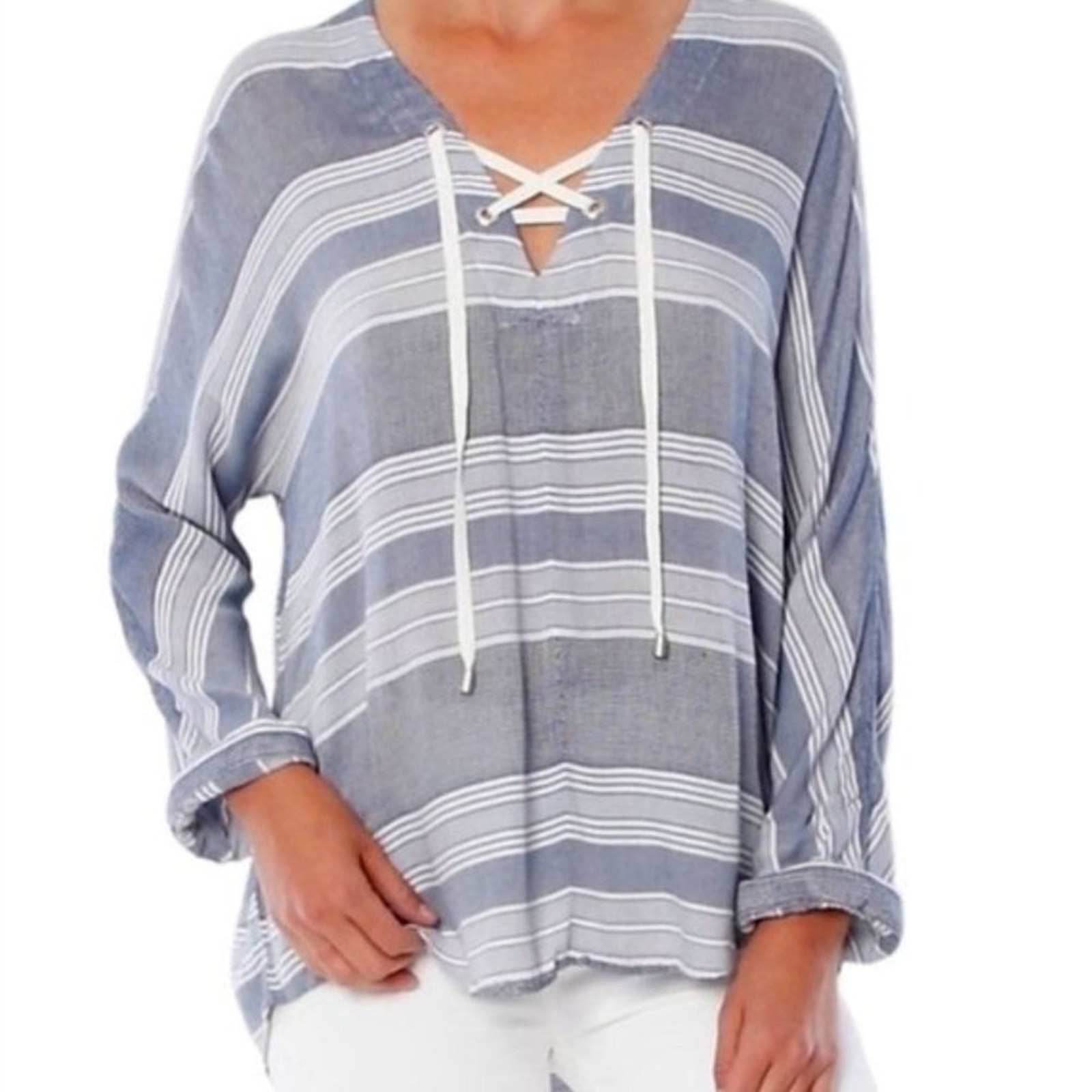 RAILS Lily Lace Up Long Sleeve Linen Blend Top Athens Stripe Blue White Medium