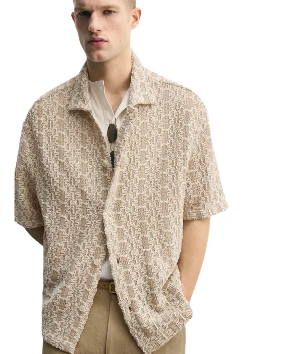 NWT Zara Crochet Textured Button Up Shirt XL Relaxed Fit Taupe/Cream