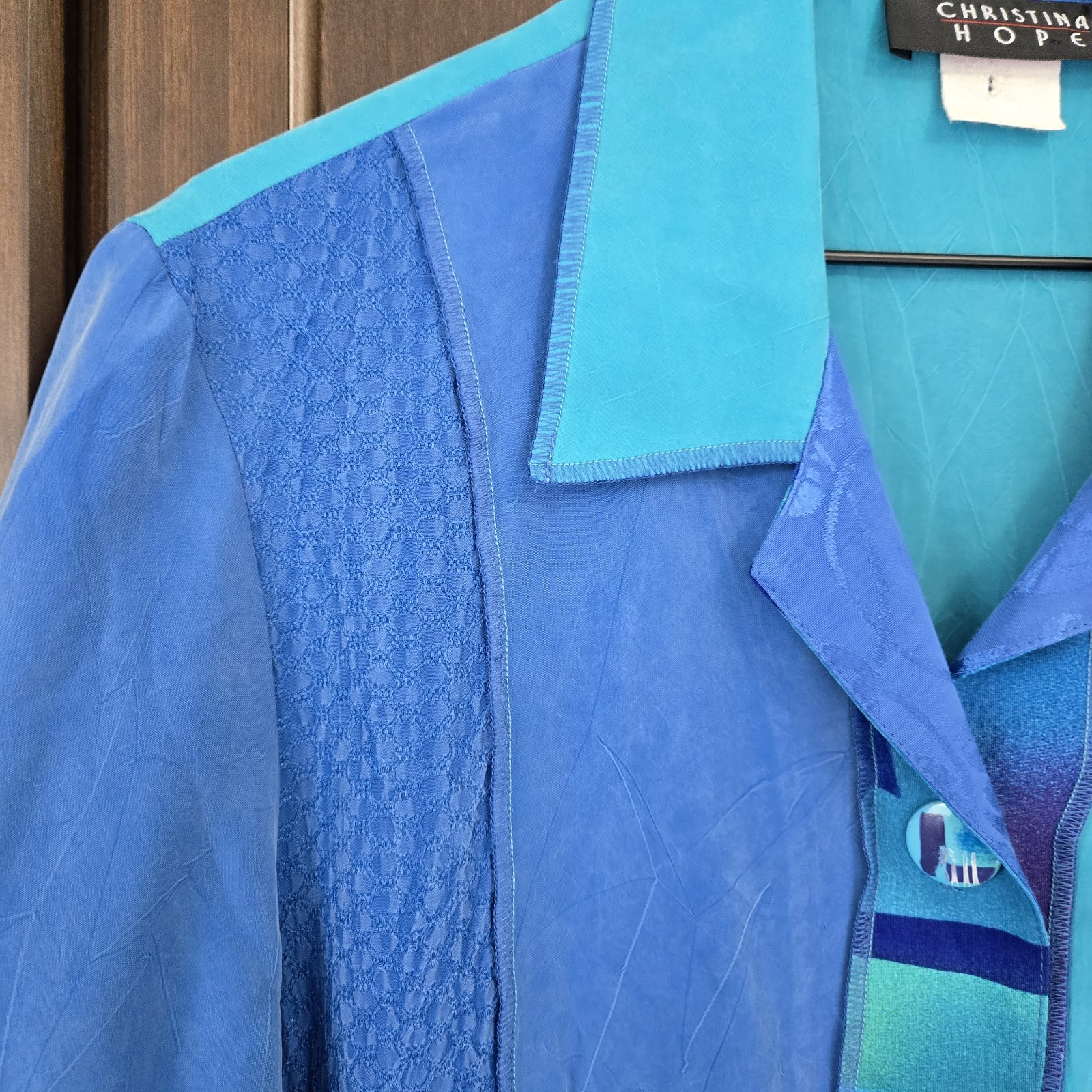 Vtg Christina Hope Mixed Media Button Up Exposed Hem Patchwork Artstly Aqua Blue