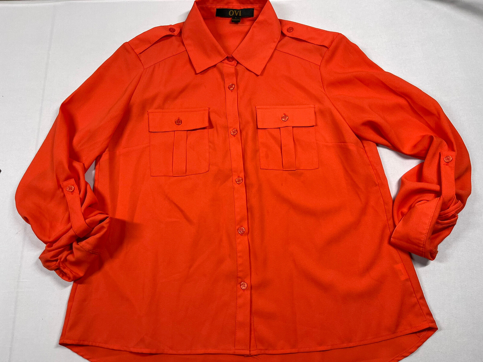 OVI Size L Large Orange Button Tap Sleeves Roll Up Collared Button Down Blouse