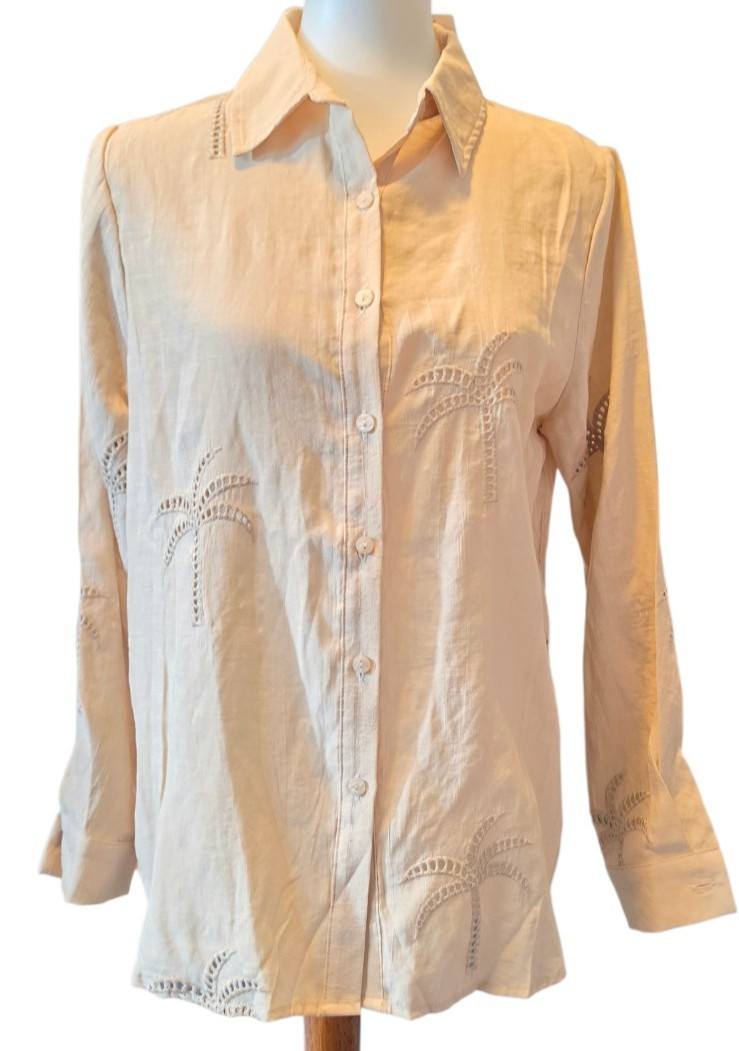 NY Collection Women’s Medium Linen Blend Palm Tree Button Down Shirt Beige NWT