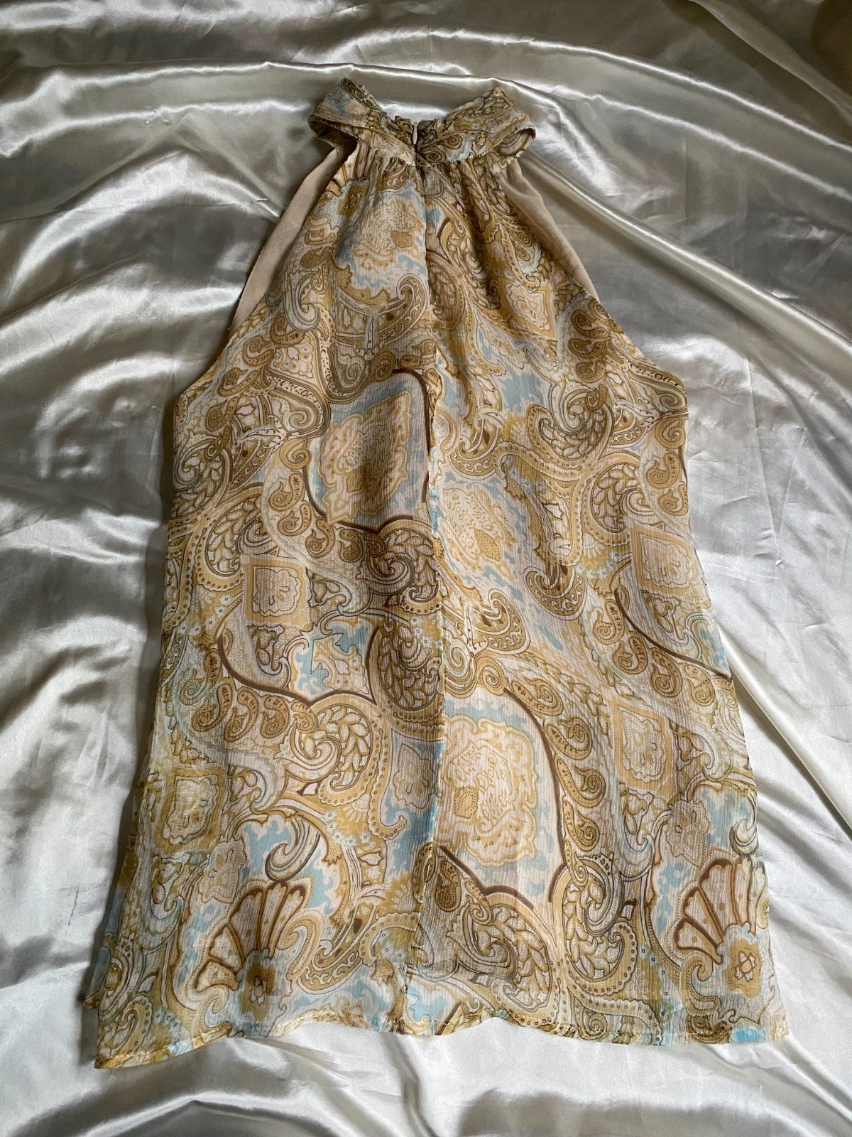 Vintage y2k 100% Silk Cream Paisley Rosette Halter Top Boho Large
