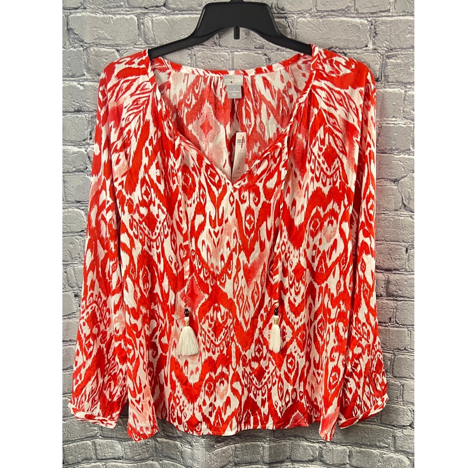 Chico’s Popover Top Womens 4 20 Red White Ikat Flare Tassel Long Sleeve Blouse