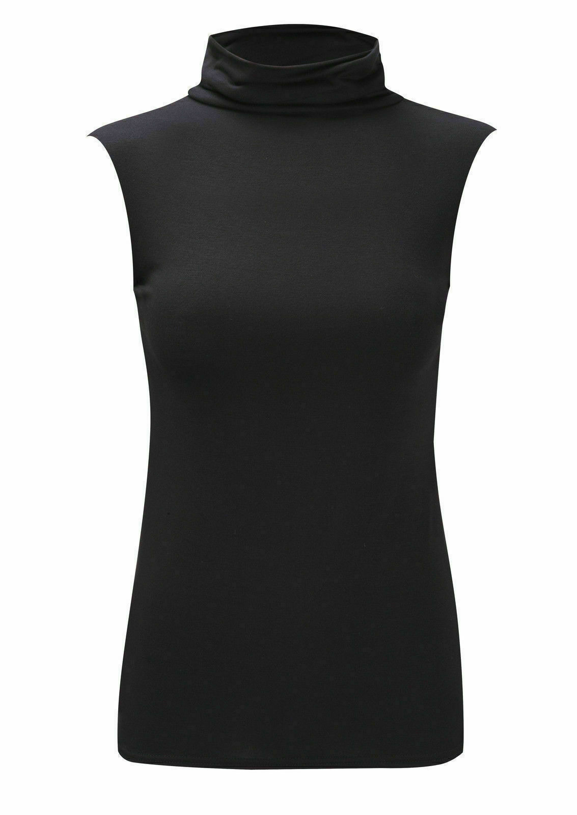 WOMENS SLEEVELESS TURTLE POLO NECK TOP LADIES PLAIN ROLL NECK TOP JUMPER UK 8-22
