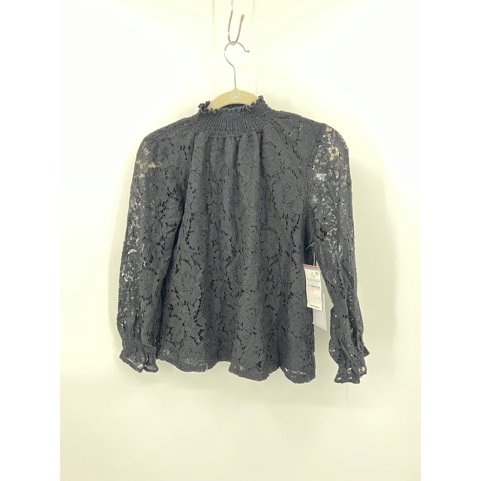 1.STATE Womens Rich Black Lace Smocked Mock Neck Blouse Small NWT