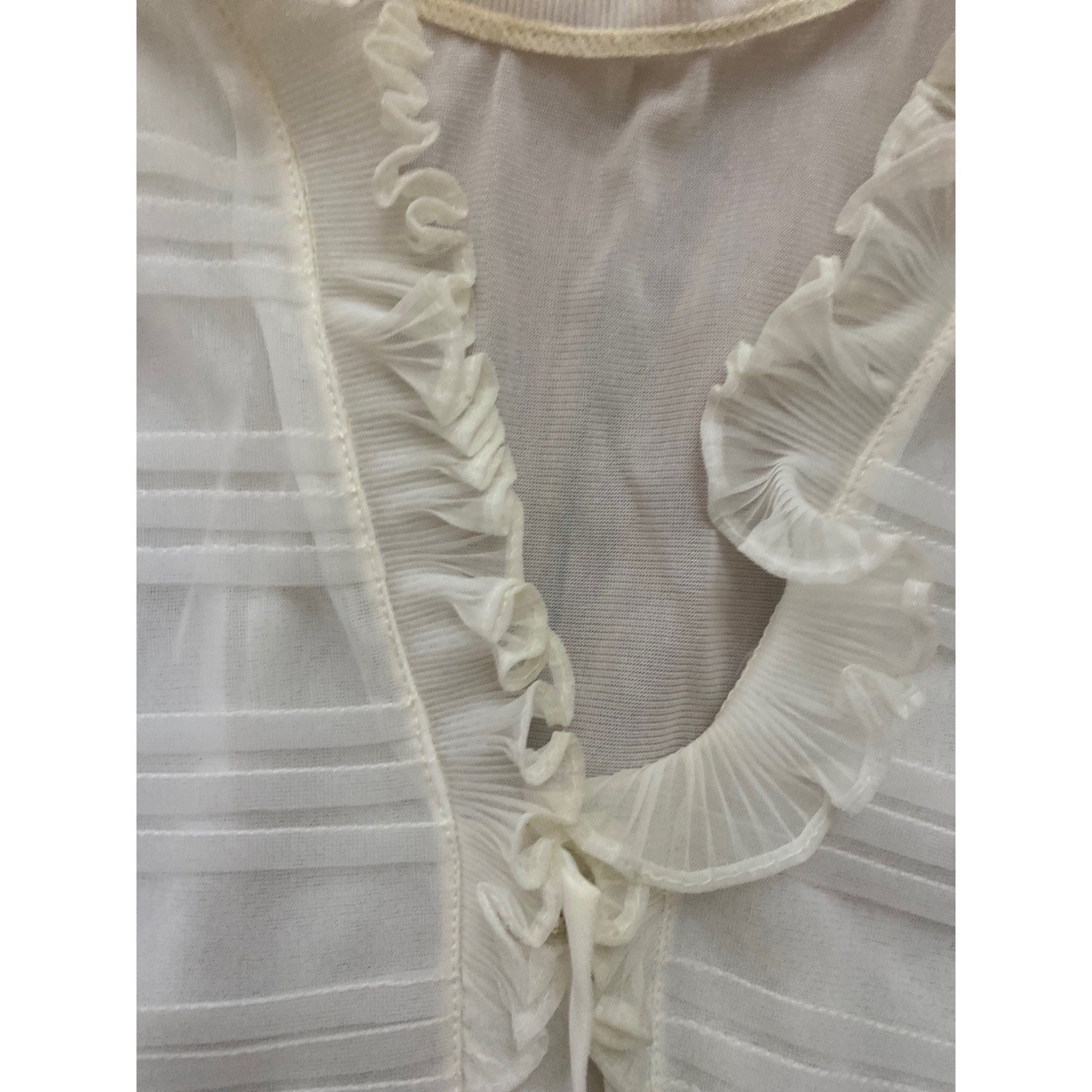 50’s VTG White Sheer Ruffle V-Neck Blouse Rhinestone Button feminine roka