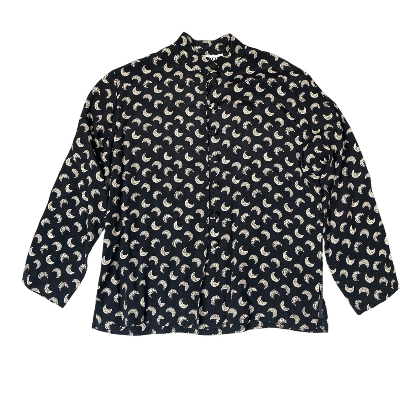 Nipon Studio Petite Shirt Womens Size 4 Black Mandarin Neck Moon Stars Celestial