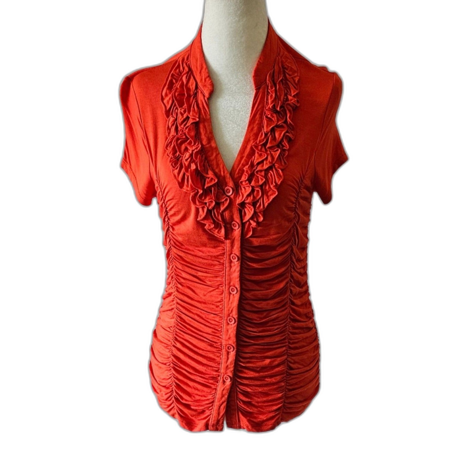 Timing Women Ruffled Orange Top Button Up V Neck Short Sleeves Size L