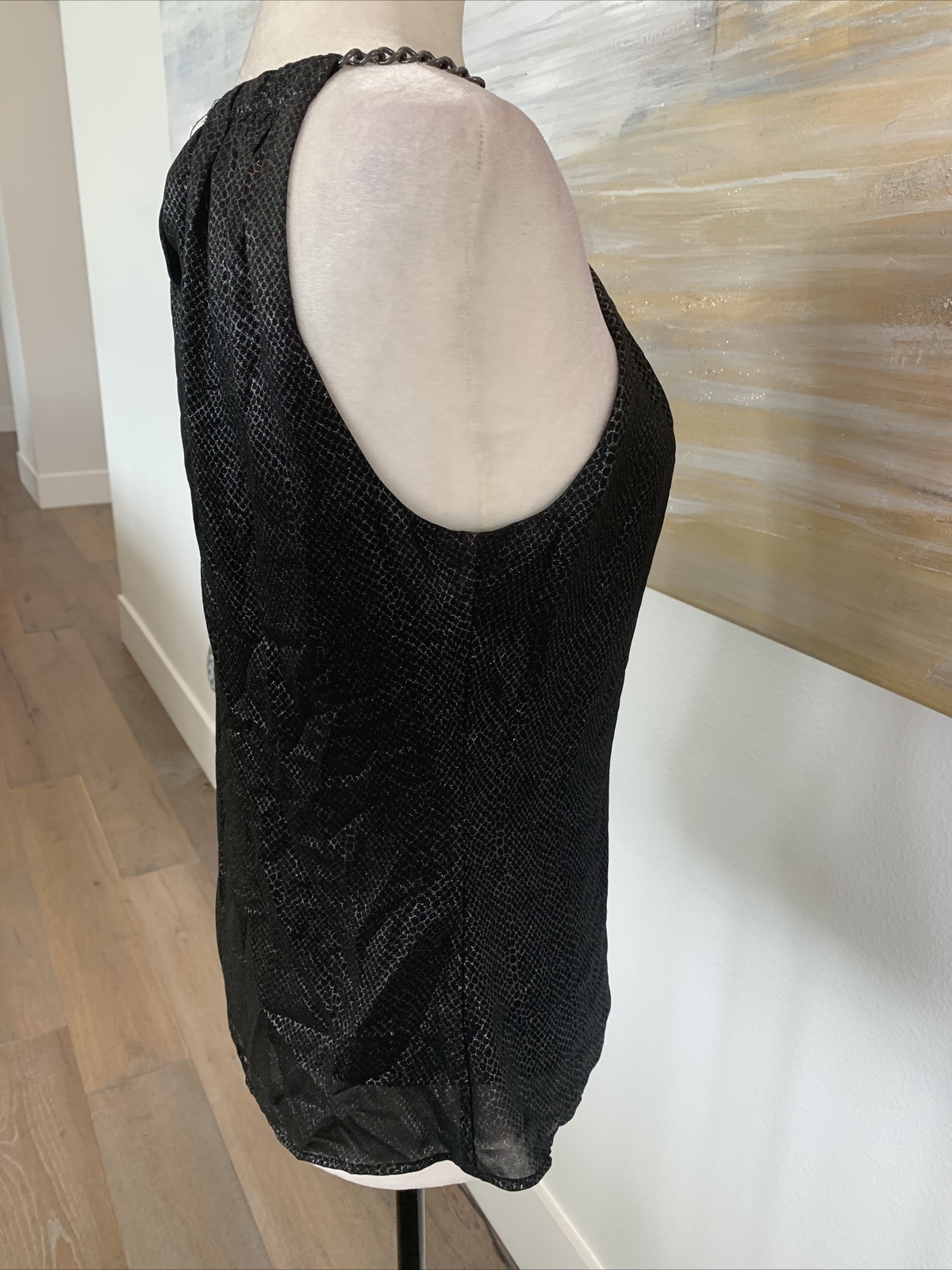 Cache blouse tank lined chain strap sz sm shimmer python print black