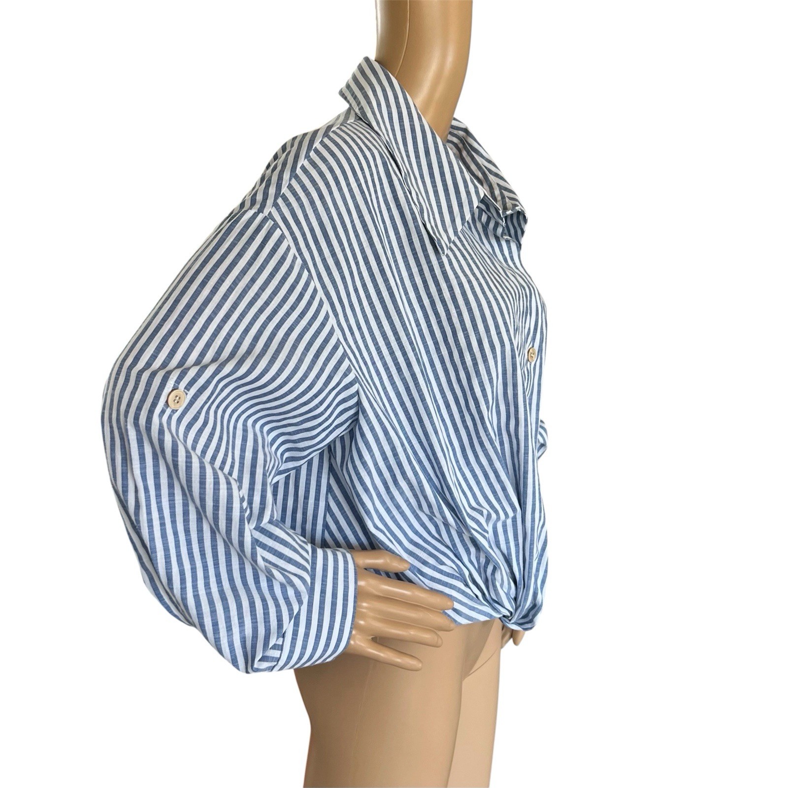 Cider button-down shirt blue white striped twist-front hem rolled tab sleeves XL