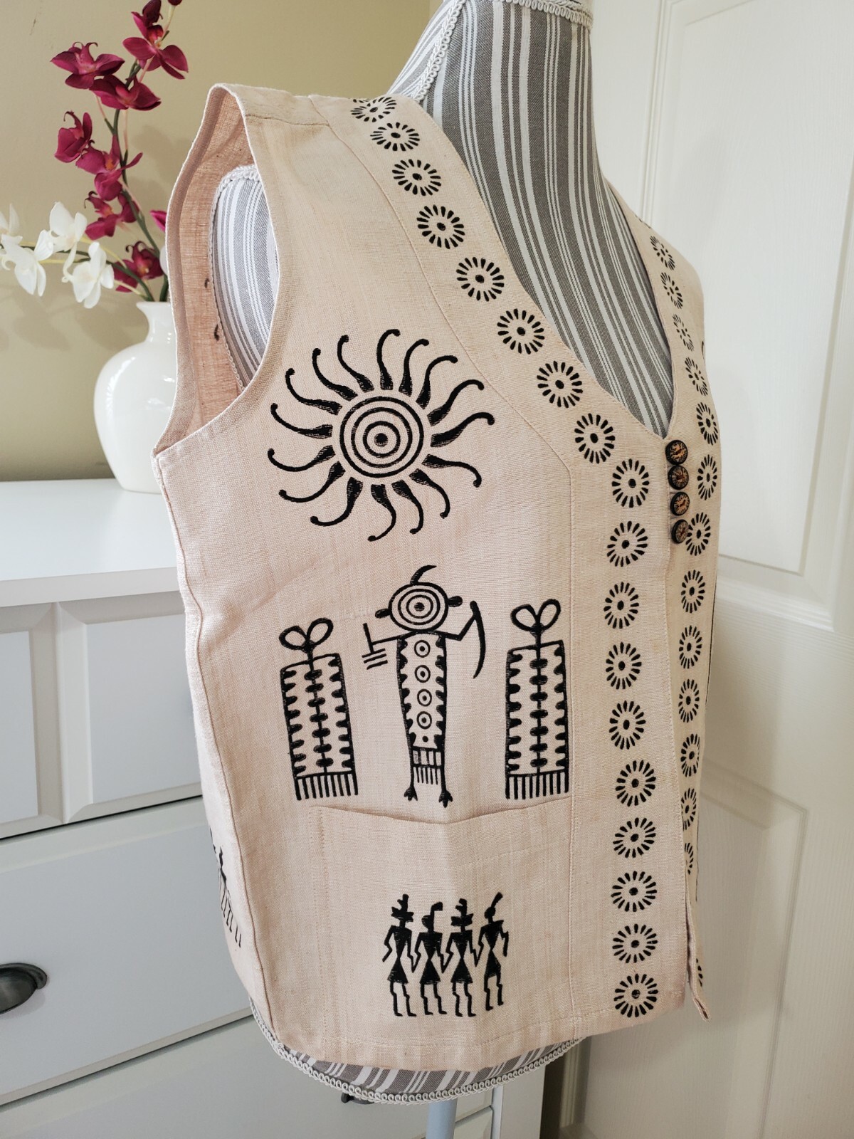 VTG Venus Imports Ivory Raw Cotton Black Primitive Print, Nepal Vest Sz.S