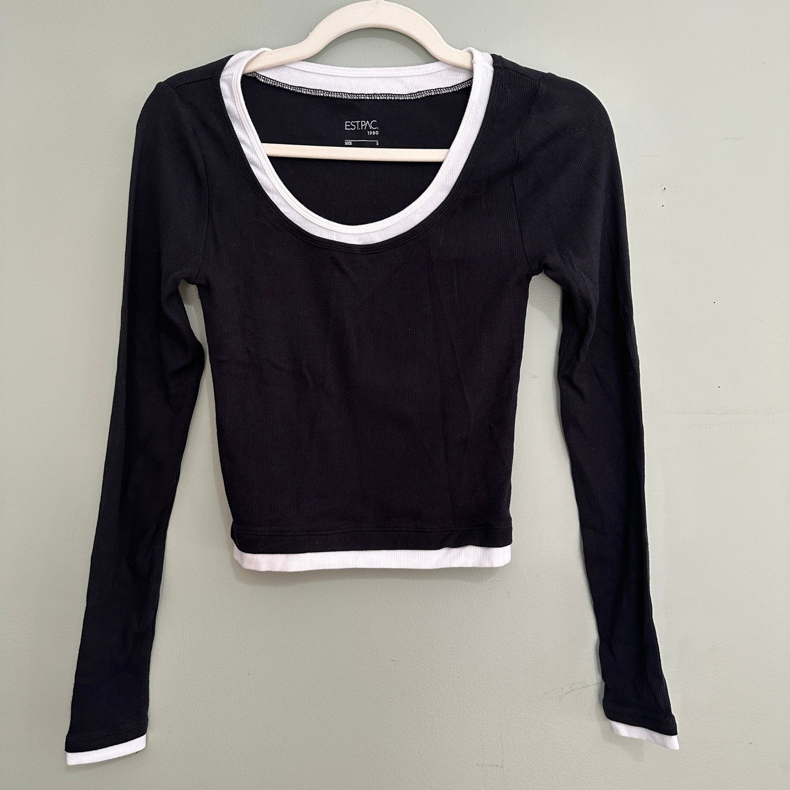 EST.PAC. 1980 Ribbed Layered Top Womens Small Black White 90s Preppy Long Sleeve