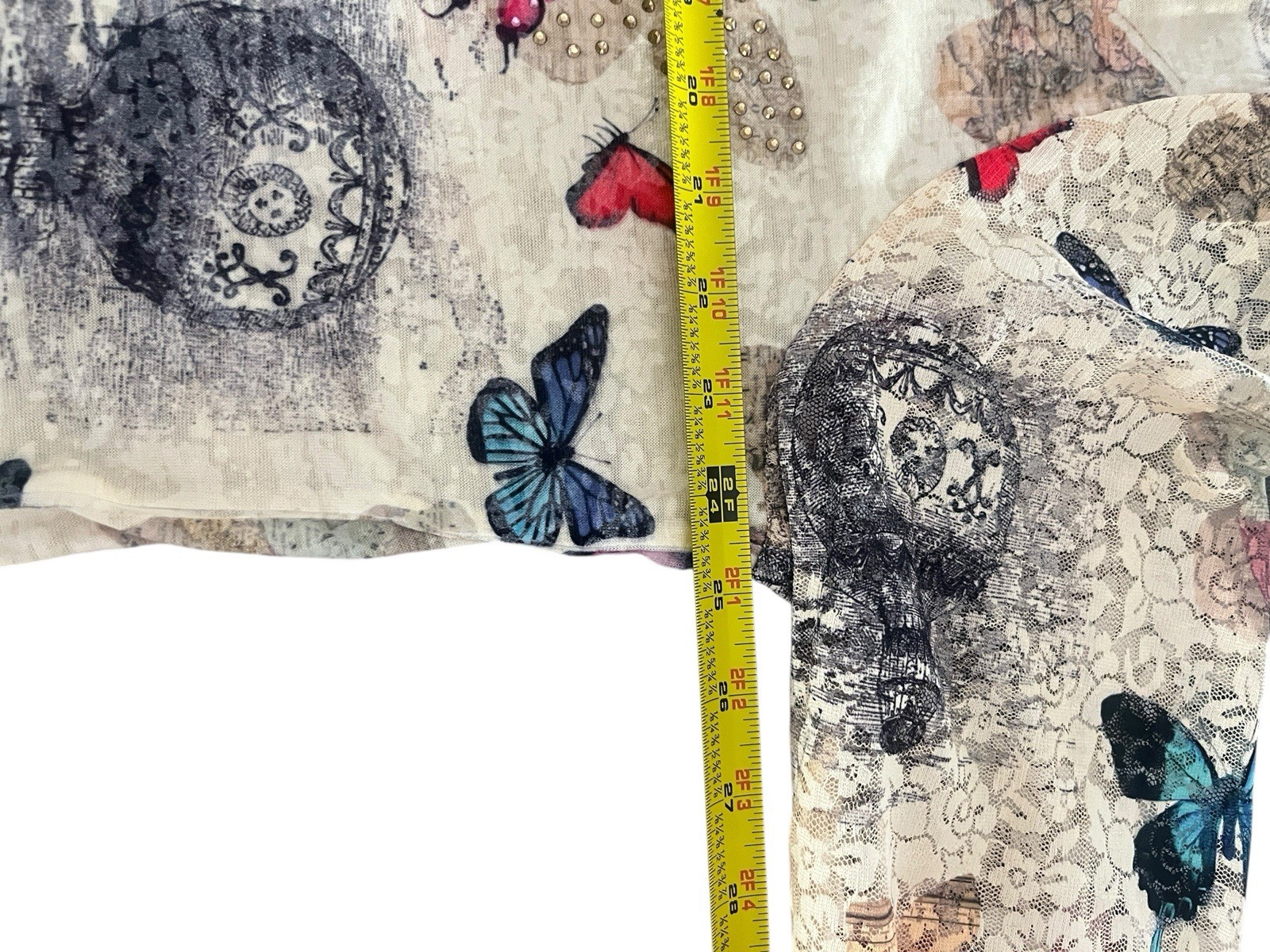 Zuriel Plus Sheer Mesh Butterfly Travel Postcard Print Rhinestone V Neck Top