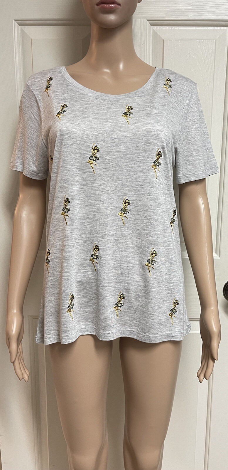 WAREHOUSE UK Women’s Heather Grey Hula Girl Embroidered T shirt Sz: 8 ( 12 UK )