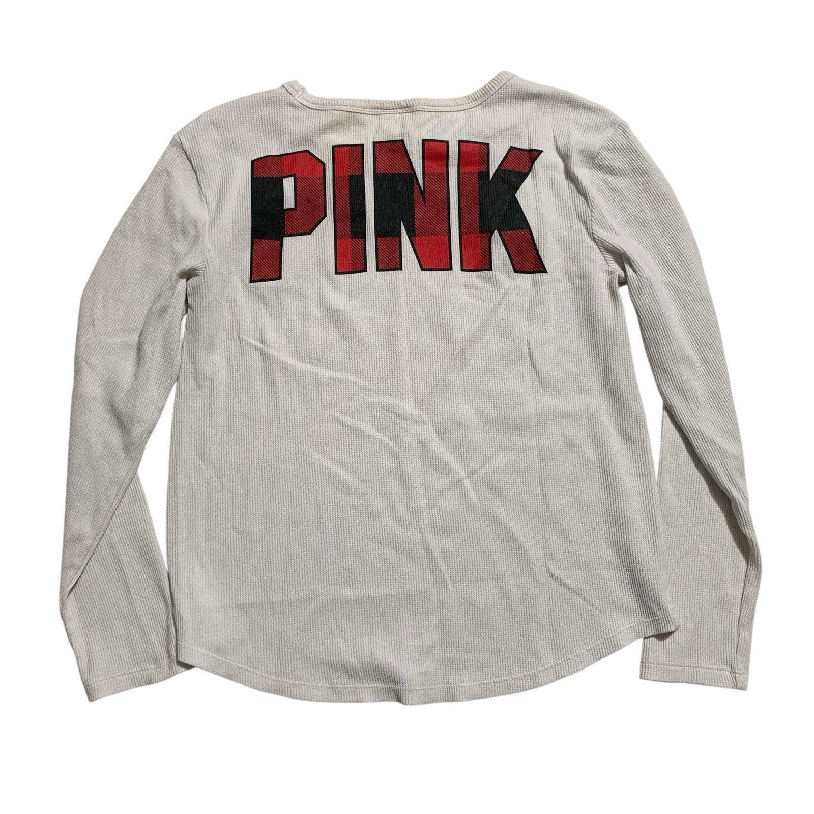 PINK Victoria’s Secret White Thermal Crew Neck Top Small Knit PINK Tartan/Plaid