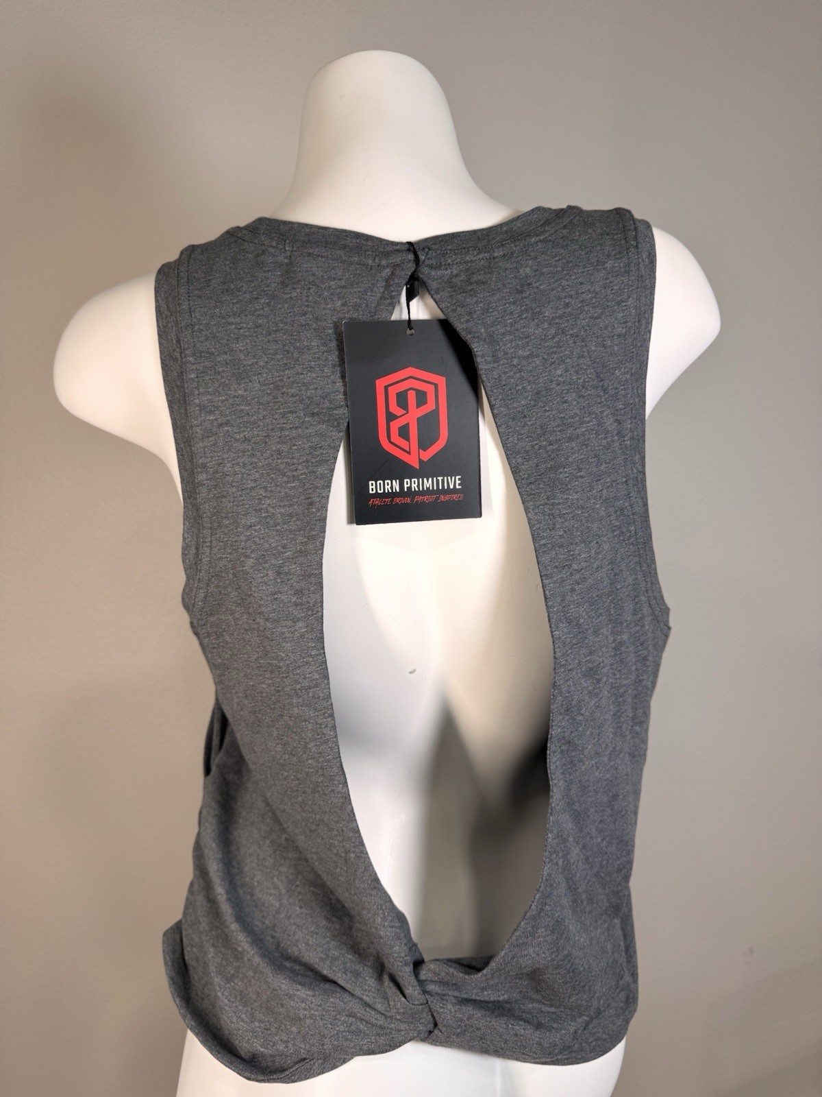 Born Primitive Tank Top Shirt NWT Women 2XL Gray Open Back Twist Workout Gym
