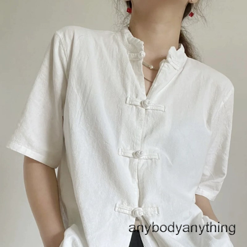 Lady Retro Chinese Frog Button Hanfu Shirt Ethnic Tai Chi Top Short Sleeve Basic