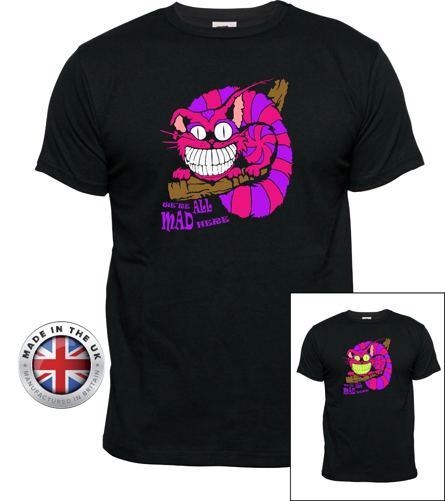 CHESHIRE CAT tshirt ‘We’re all mad here’ glow in the dark T-Shirt.Unisex +ladies