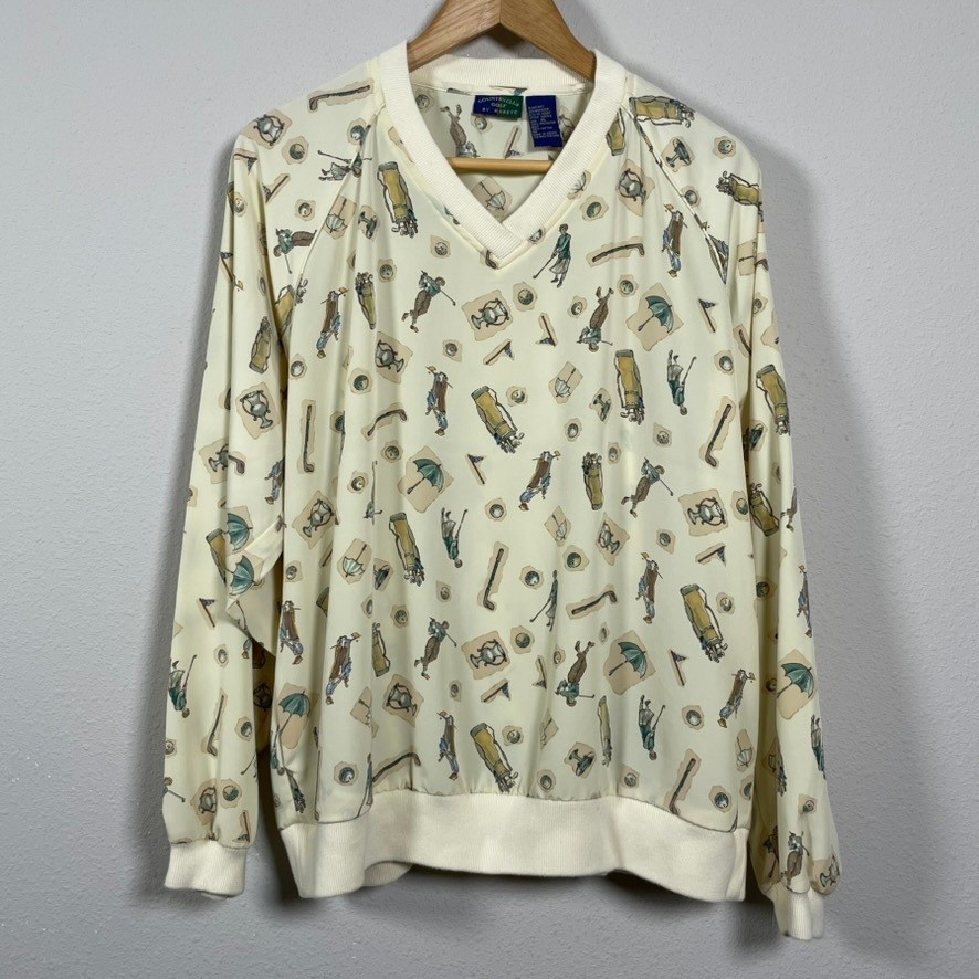 Country Club by Koret Golf Pullover Women XL Cream Kitschy AOP 90s Windbreaker