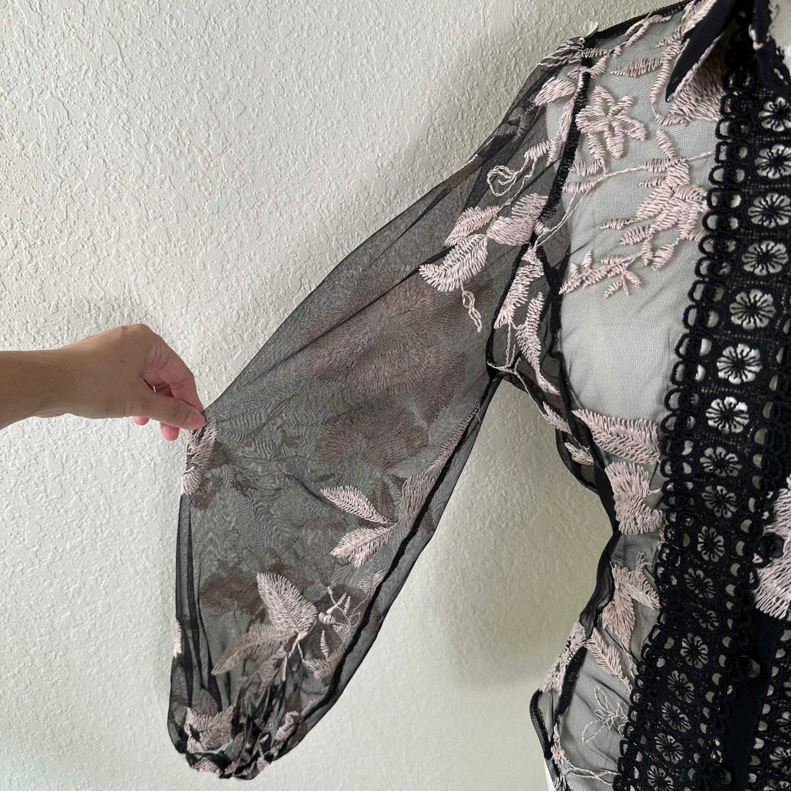 Peach Blouse Women S Transparent Mesh Pink Floral Embroidered Sheer Back Balloon