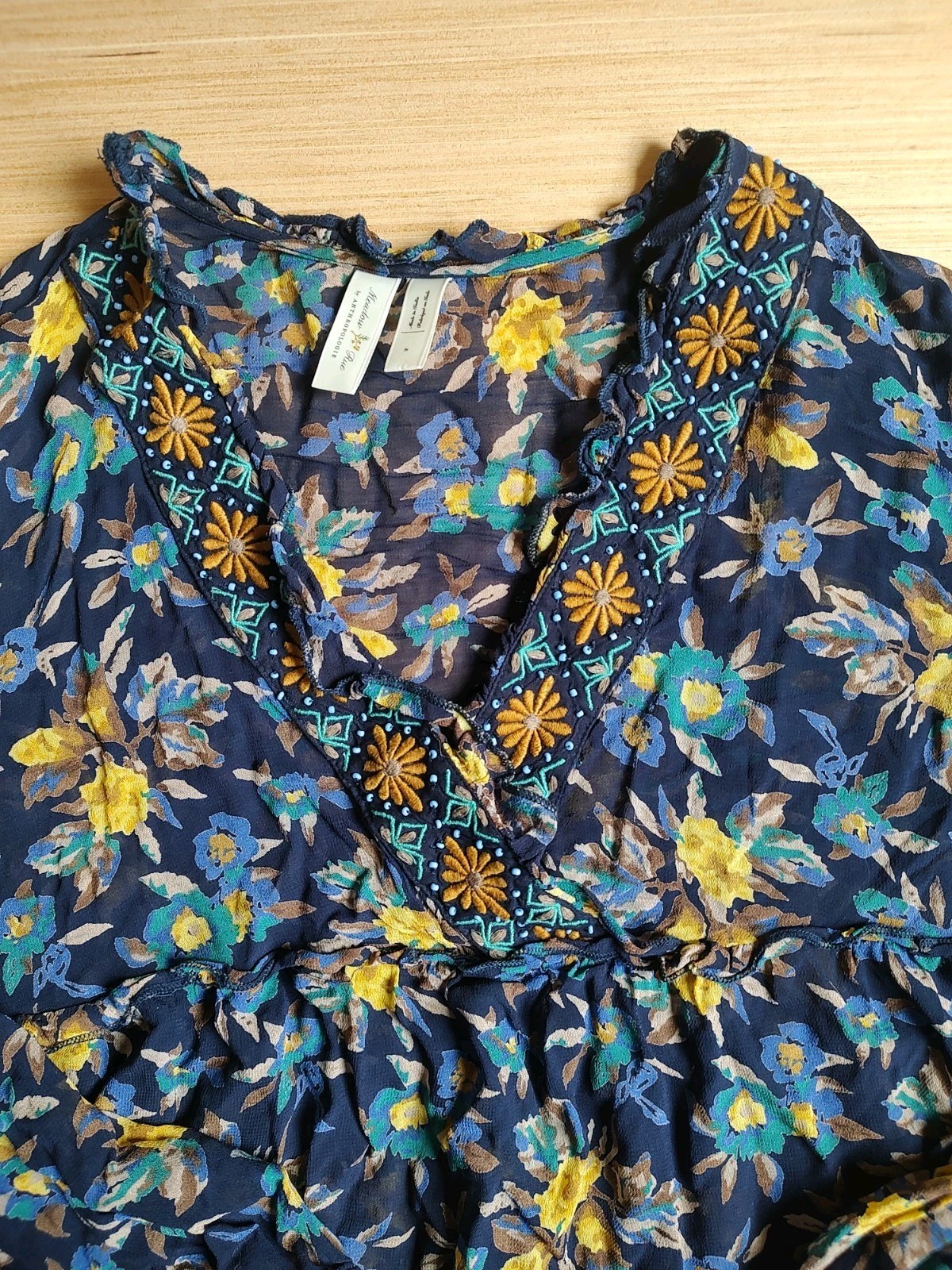 Meadow Rue Anthropologie Strasser Embroidered Blouse Beaded Top S Blue Yellow