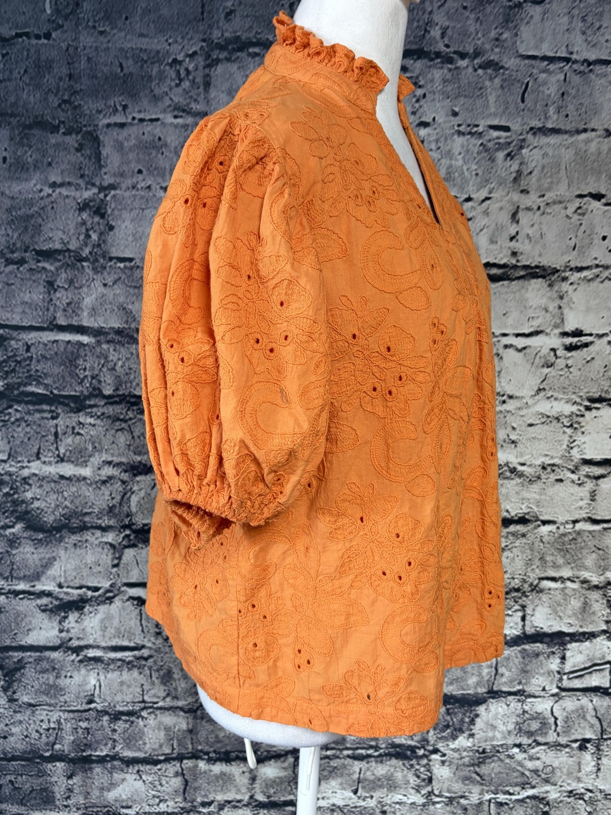AVARA Blouse Womens Large Orange Eyelet Embroidered Puff Sleeve Boho Top