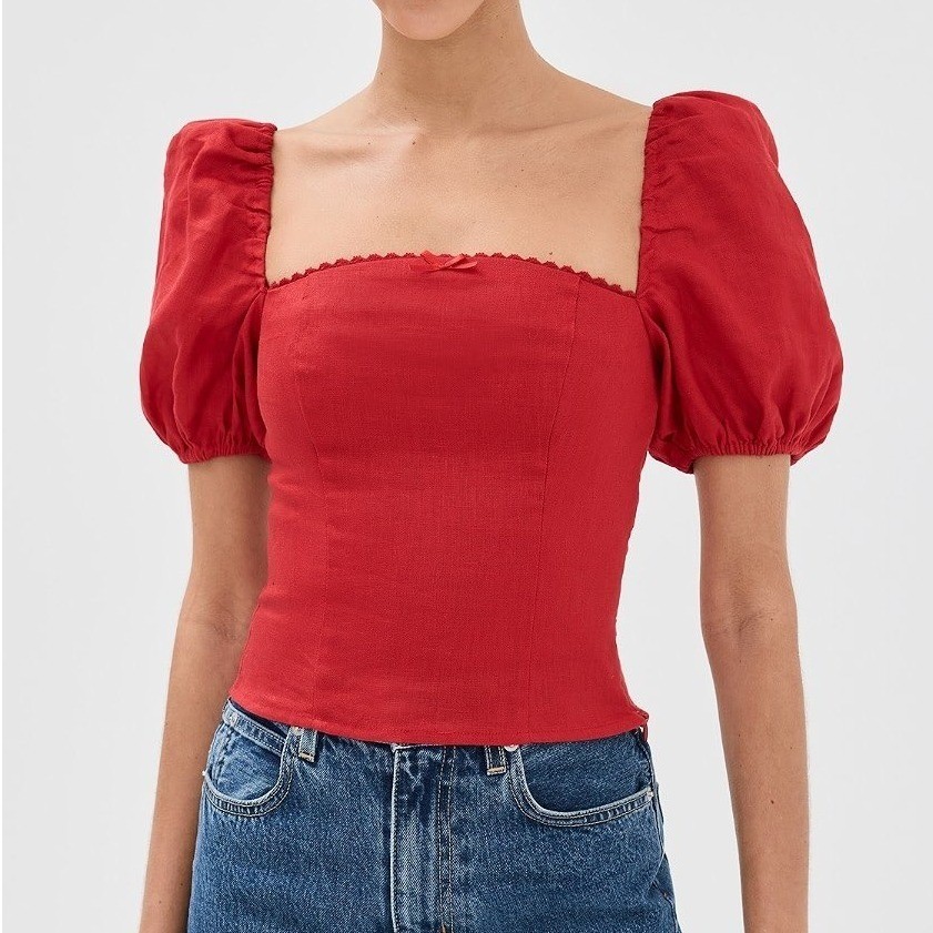 Reformation Marella Linen Top Lipstick Red Balloon Sleeve 2