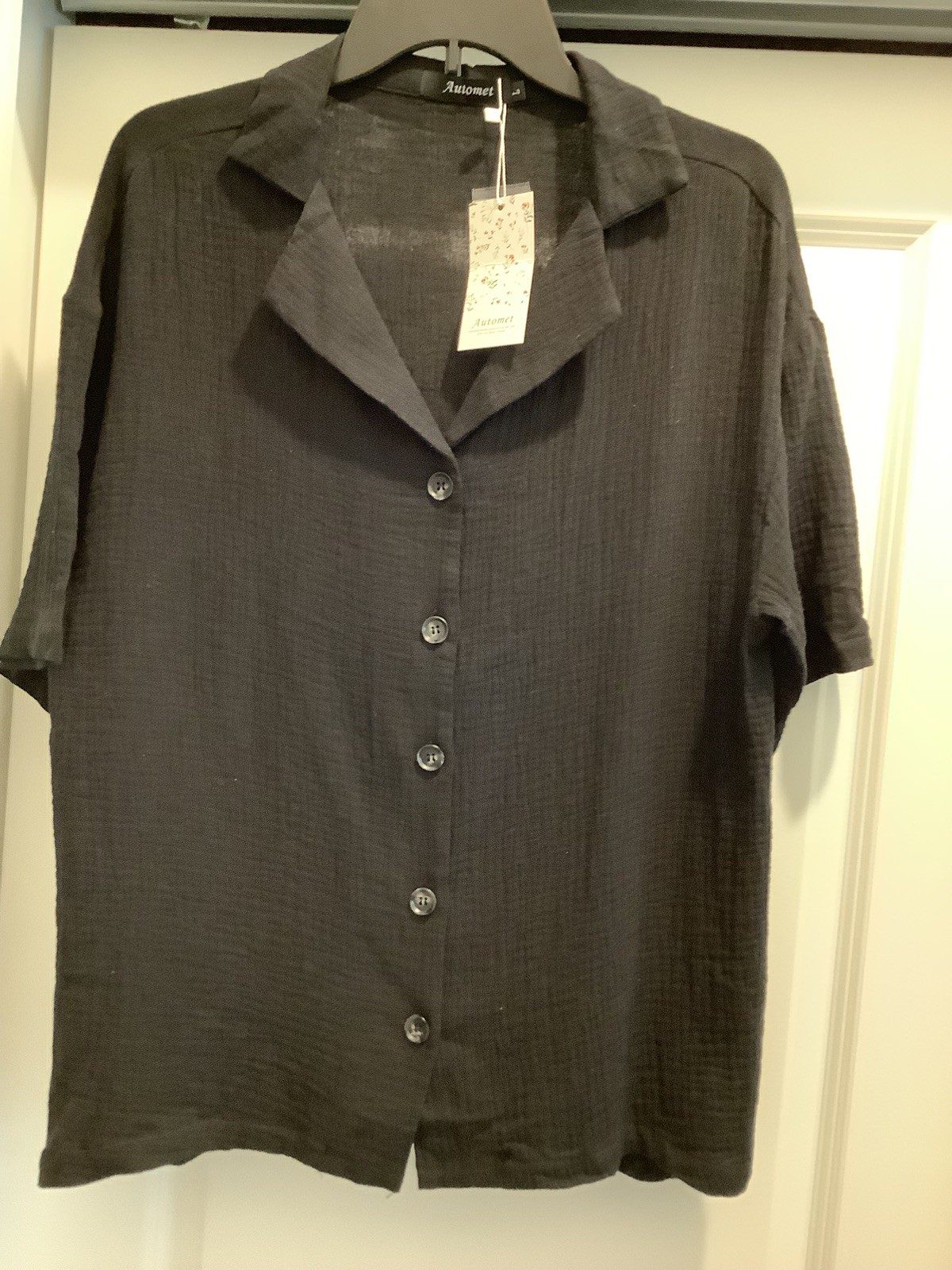 AUTOMET NEW WITH TAGS BLACK GAUZE BUTTON DOWN SHORT SLEEVE TOP COLLAR SZ LARGE