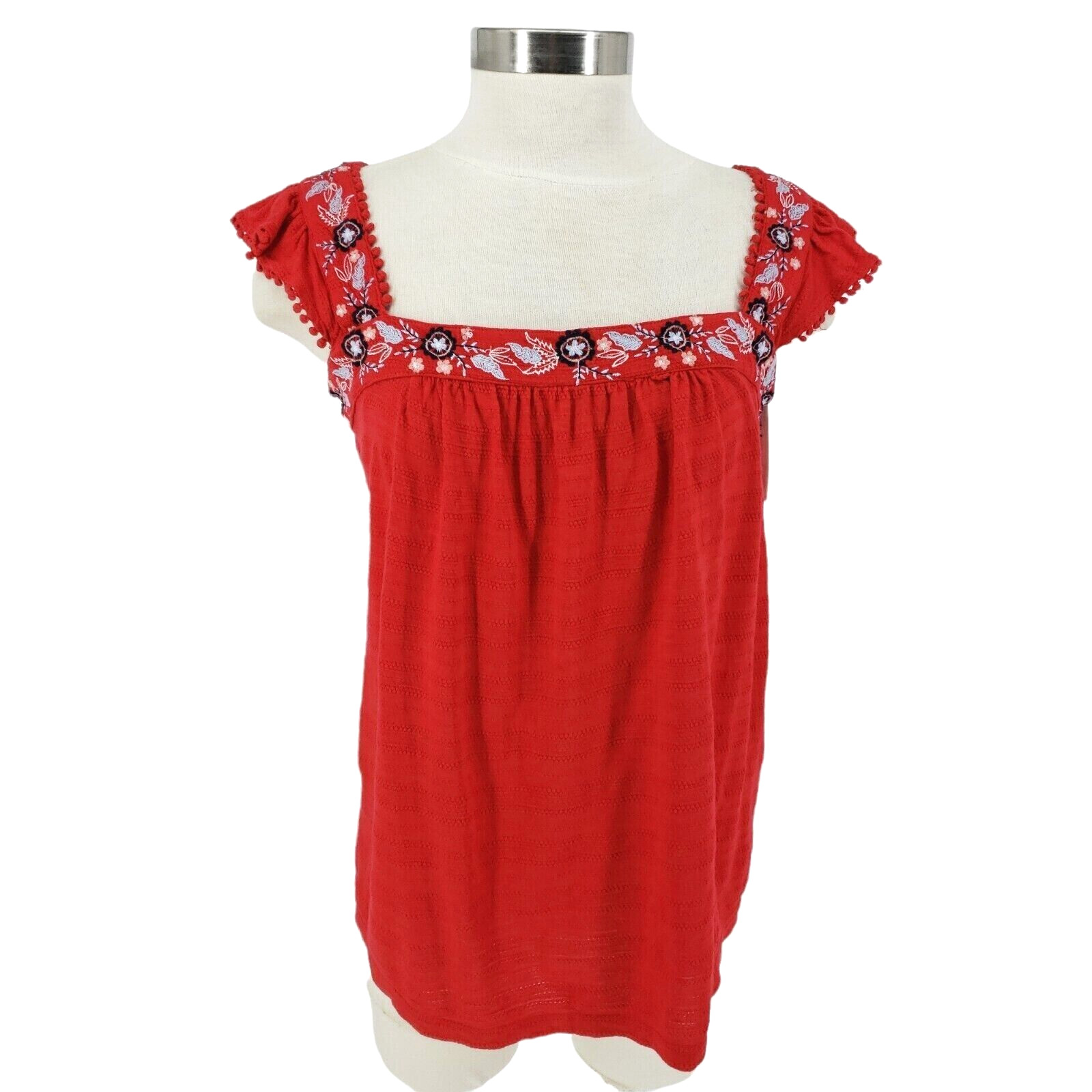 Style & Co Shirt Red Floral Embroidered Square Neck Flutter Sleeve Top NWT Small