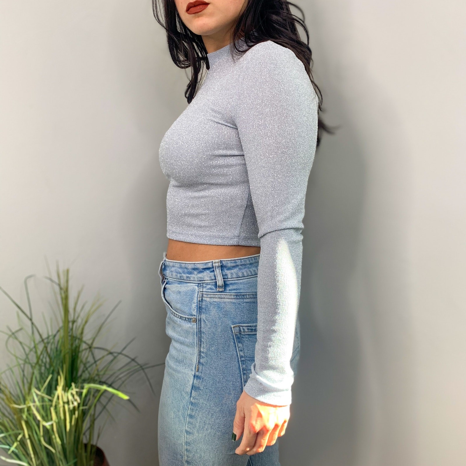 Elodie Blue Sparke Crop Top Long Sleeve Cut Out Mock Neck Open Back Top SMALL