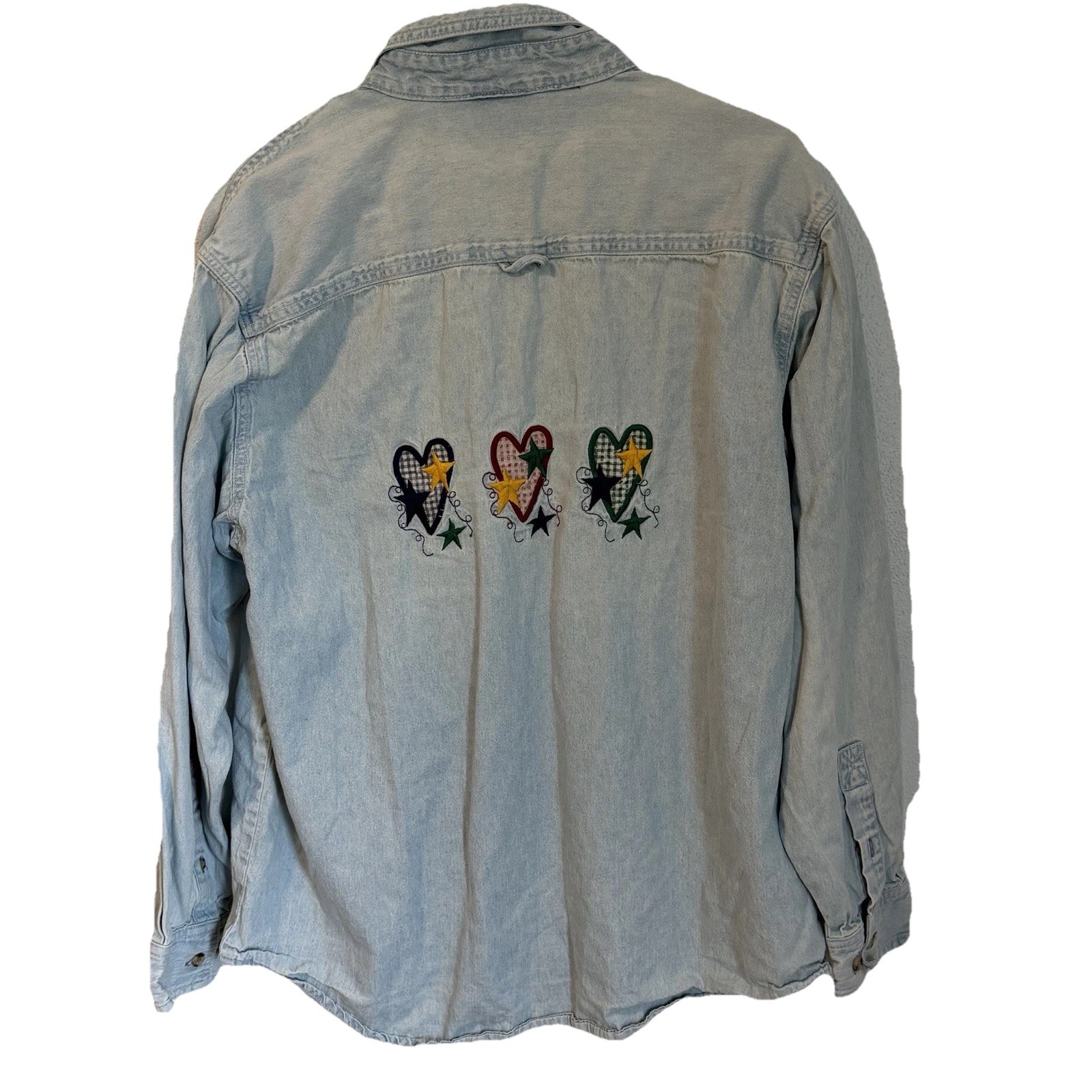 Vintage Denim Shirt Womens M Light Wash Heart Star Embroidery Western Cowgirl