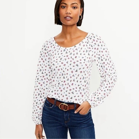 Loft Women’s Large Ditsy Floral Draped Long Sleeve Top in Whisper White