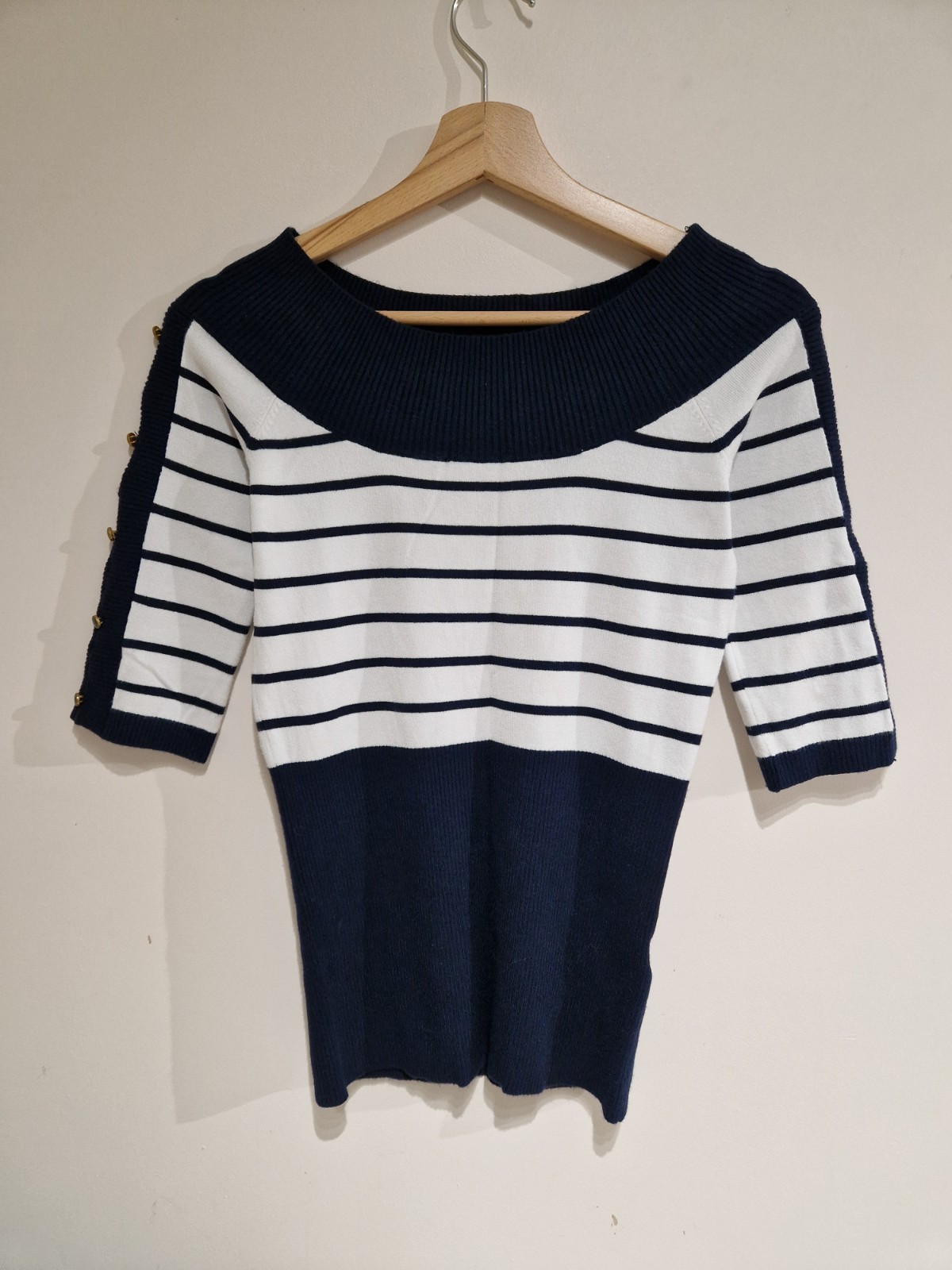 Jane Norman Boat Neck Off Shoulder Bardot Stripe Stretchy 3/4 Slit Sleeve Top 12