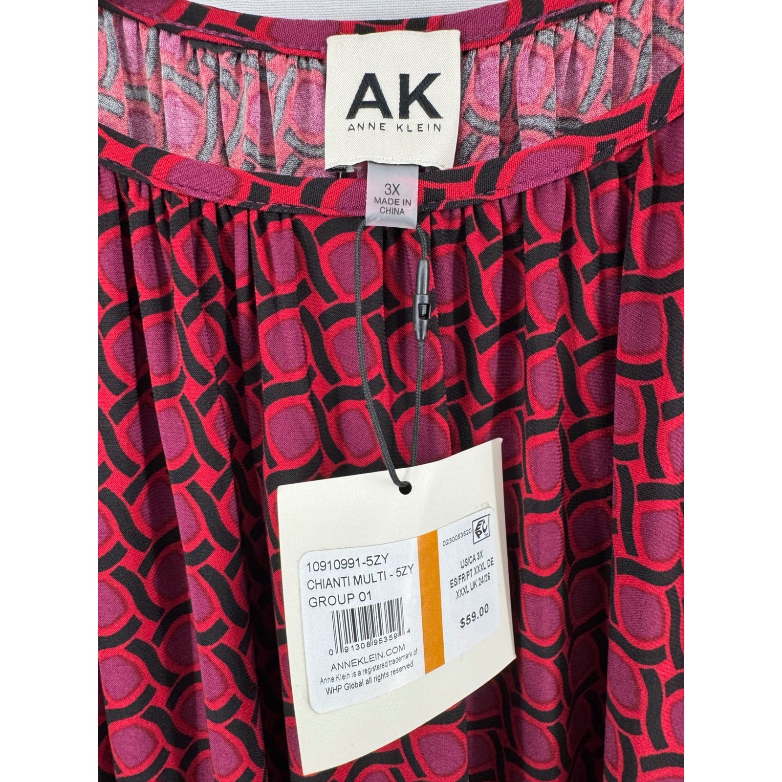 Anne Klein Womens 3X Chianti Multi Geometric Print 3/4 Sleeve Blouse