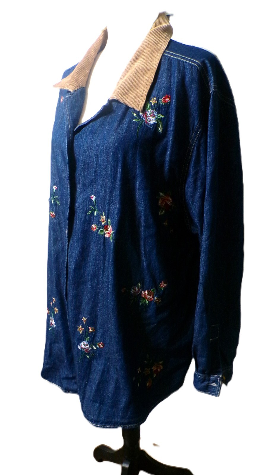 Denim Women’s 3X Shirt Denim Jean Embroidered Flowers Corduroy Collar Vtg Y2k