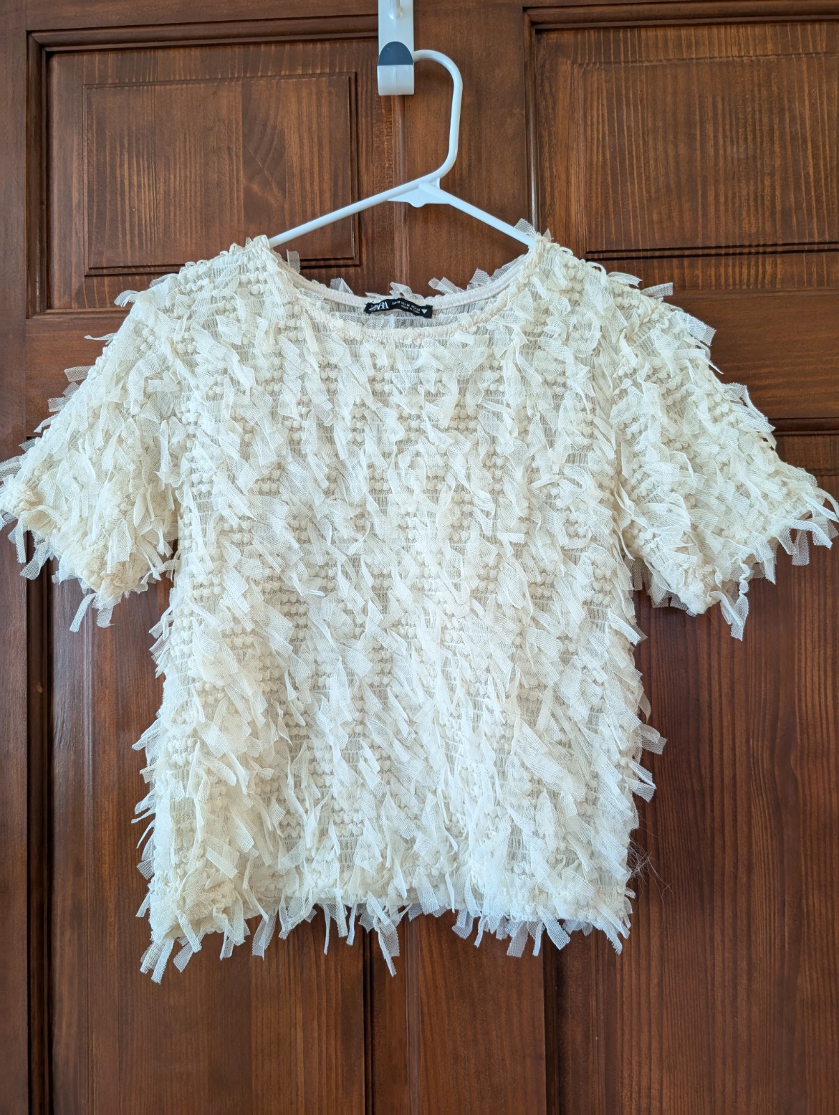 Zara Womens Cream Sheer Fringe Ruffle Blouse Cropped SS Top Size M Avante Garde