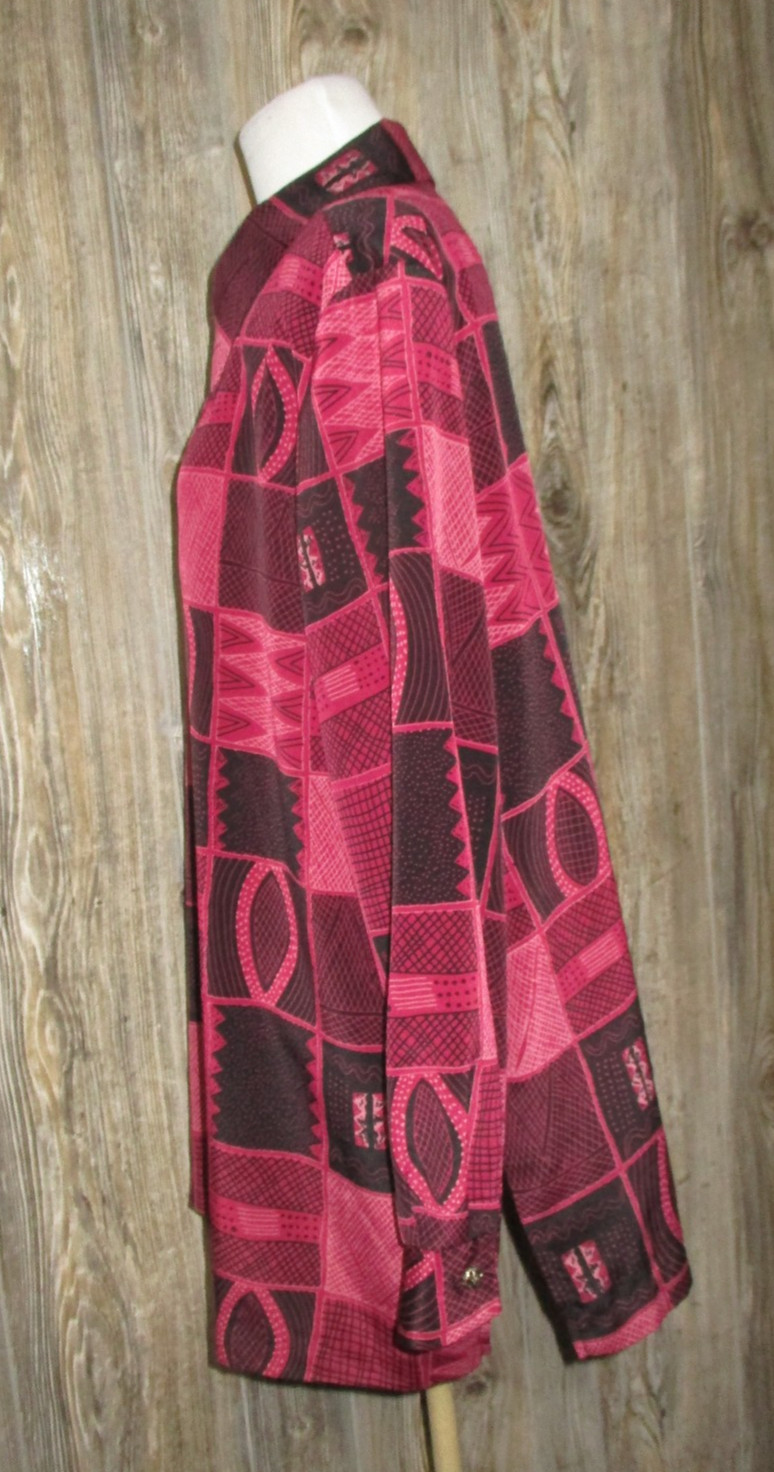 Silver Threads Button Down Long Sleeve Shirt Wine Black Print Artsy Fall Size XL