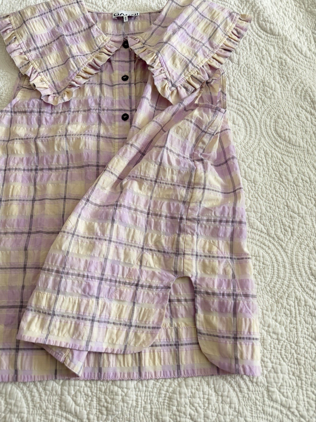 GANNI Womens Medium EU 40 Purple Check Ruffle Collar Blouse Scandi Feminine