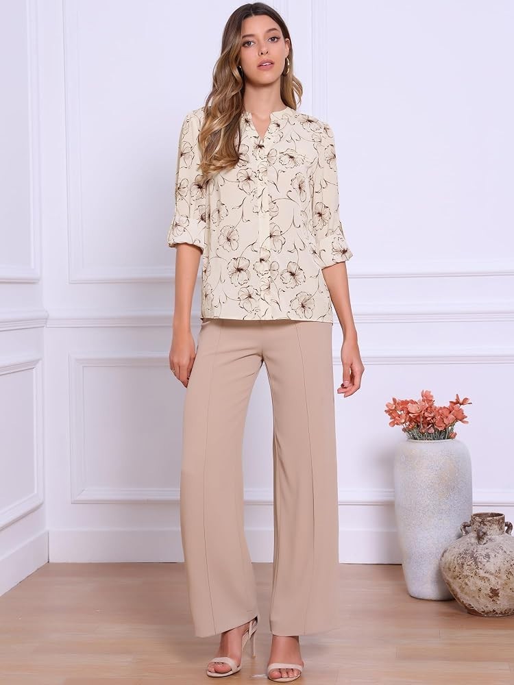 Allegra K Womens Printed Button Down Top Apricot Size Small Notched Crew Neck NW