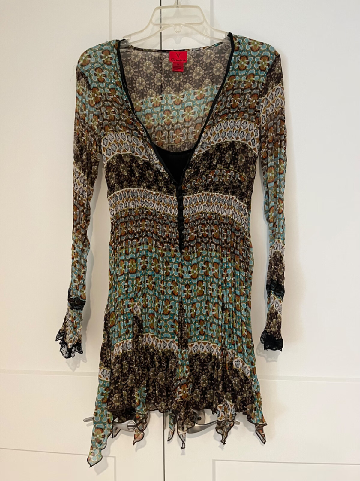 V CRISTINA Sheer Floral Lined Tunic Blouse Ruffle Elastic Waist – Size M