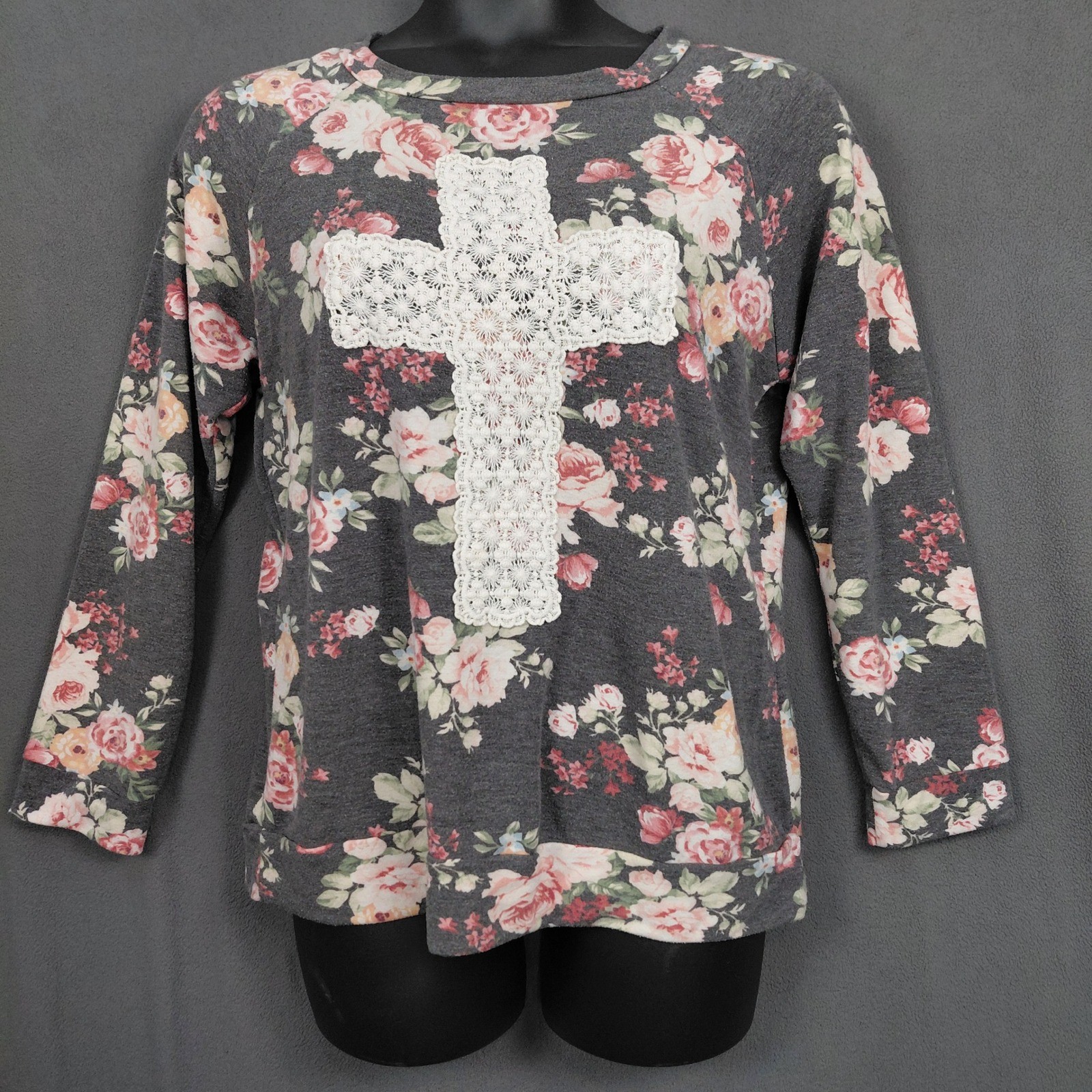 Long Sleeve Floral Lace Cross Raglan Top Gray Pink XL Sweatshirt Crewneck Hobo