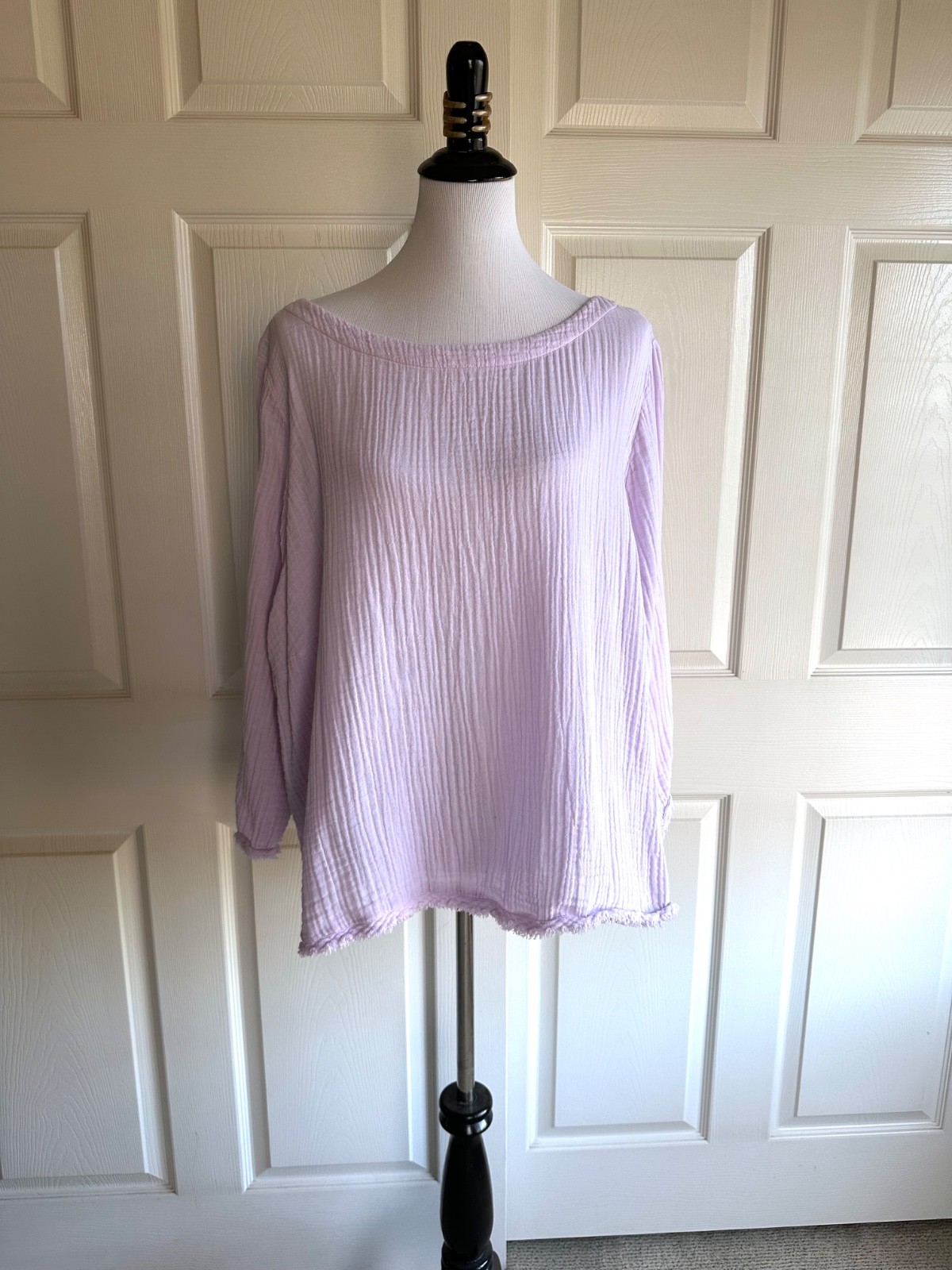 Eileen Fisher 2X 3X Bateau Neck 3/4 Sleeve Box Top Cotton Gauze Mallow Lilac