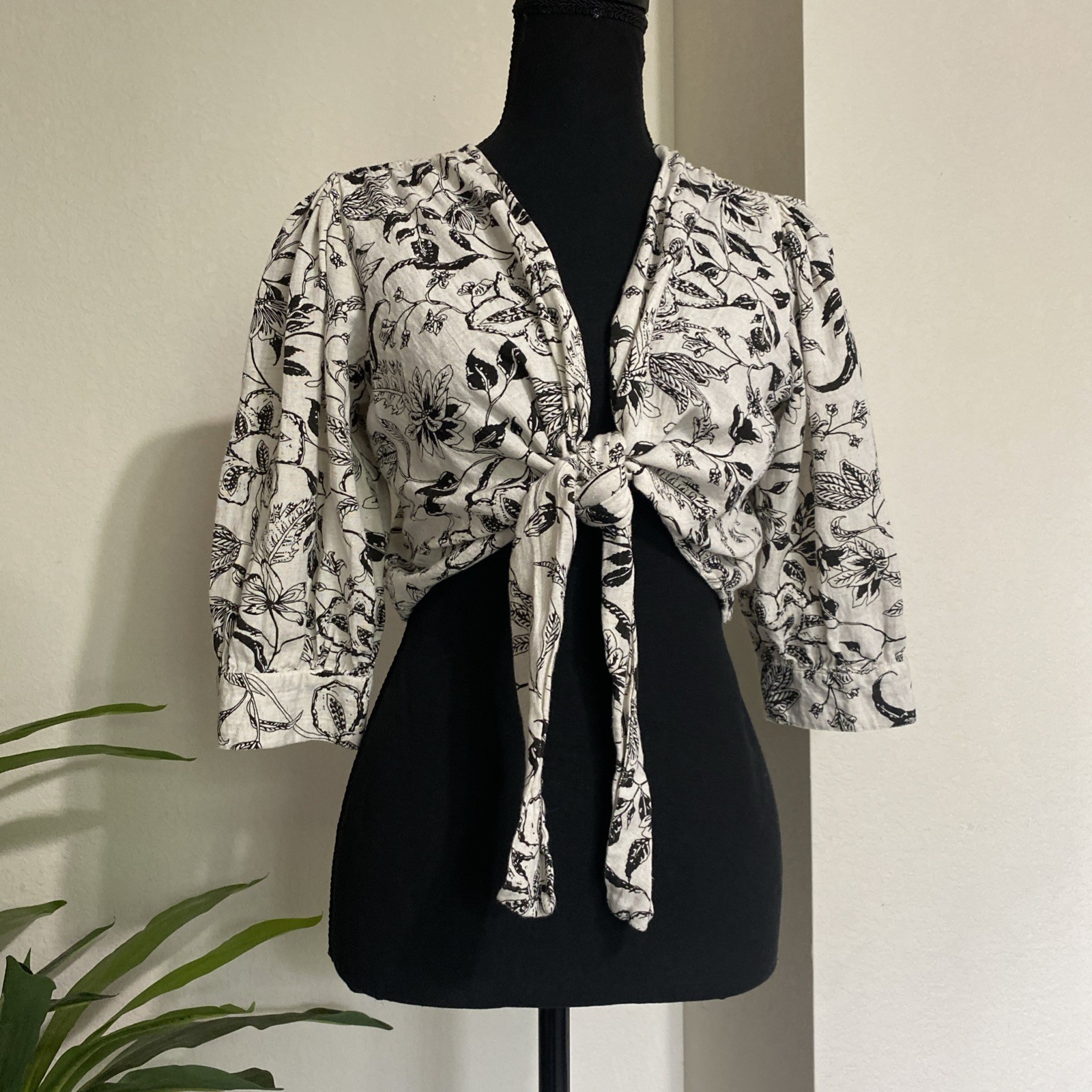 Japna Summer Top S Crop White Floral Tie Front Linen Blend Puff Slv Beach Boho